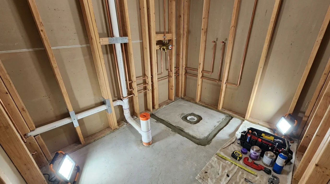 Bathroom rough-in plumbing during remodel by Johns Plumbing LLC in East Rochester