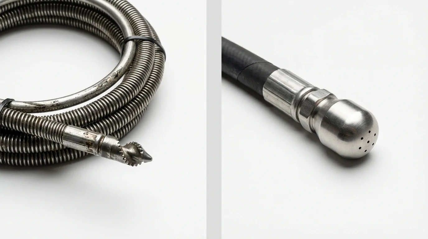 Drain snake cable and hydro jetting nozzle used for drain cleaning in East Rochester, NY