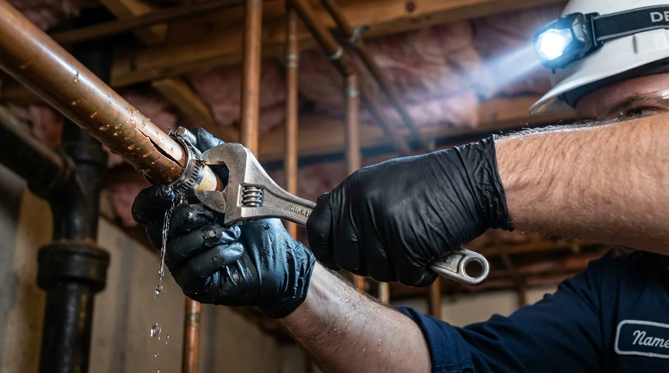 Emergency pipe clamp repair being performed by a Johns Plumbing LLC plumber in East Rochester