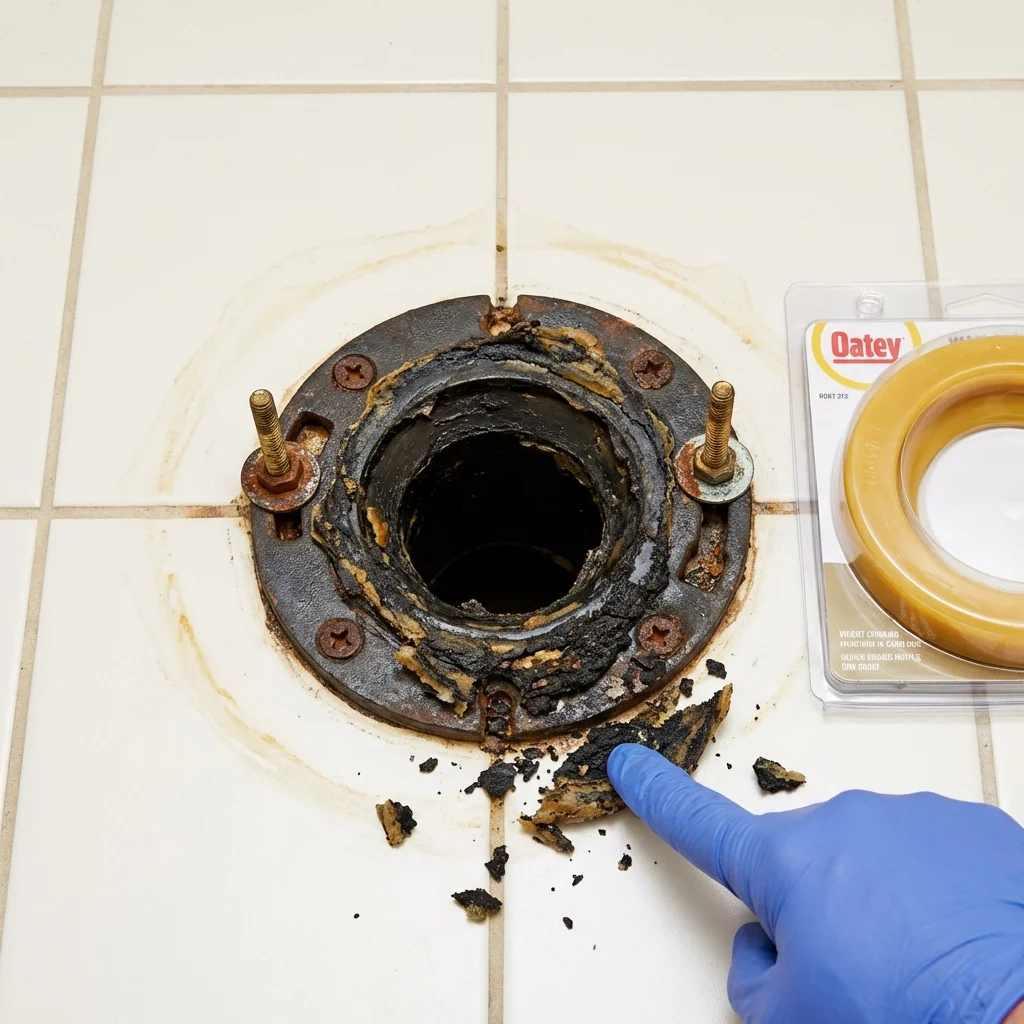 Failed wax ring showing water seepage at the base of a toilet in a East Rochester, NY home