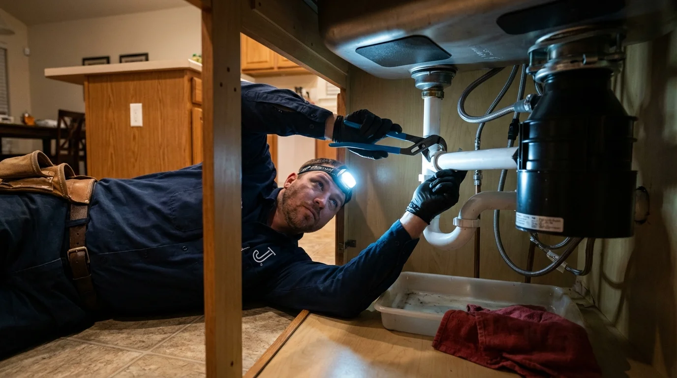 P-trap and supply line connections under a kitchen sink showing a common leak point in East Rochester, NY